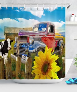 Farmhouse Style Sunflower Shower Curtain - Rustic Wood Fence and Farm Animals