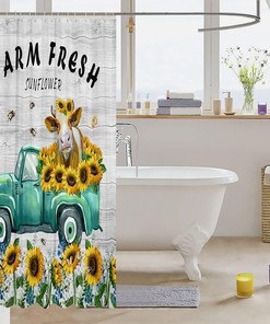 Farmhouse Sunflowers Kids Shower Curtain with Rustic Wooden Plank Print
