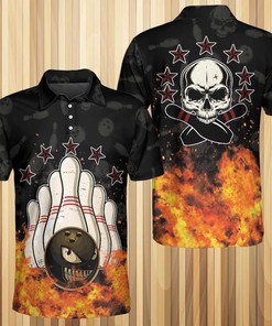 Flaming Bowling Skull Polo Shirt - Edgy Sporty Design