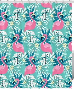 Flamingo Palm Tree Leaves Fabric Shower Curtain for Bathroom Decor