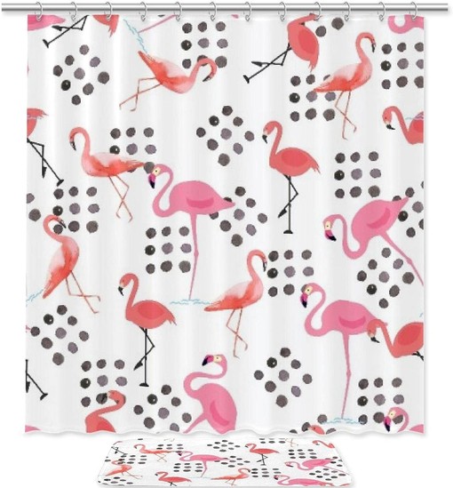 Flamingos Watercolor Shower Curtain - Bathroom Mat Waterproof