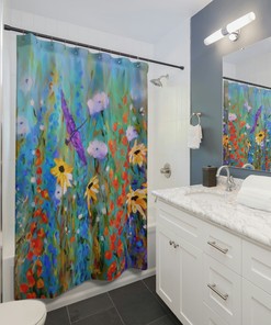 Floral Bathroom Accent Shower Curtain - Wildflowers Dragonfly and Bee Painting as Perfect Housewarming Gift