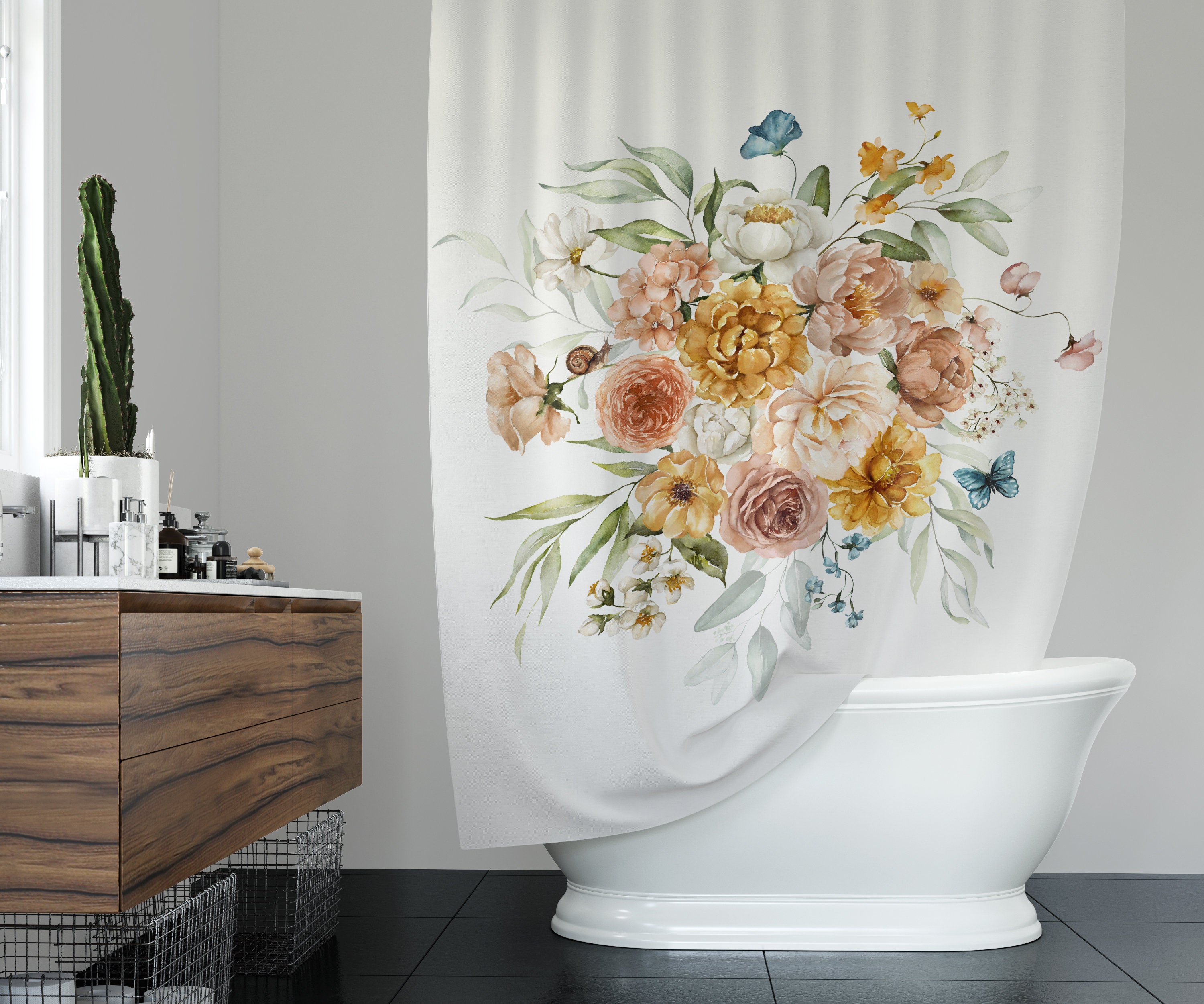 Floral Bouquet Shower Curtain, Boho Chic Flower Bath Decor, Bathroom Curtain