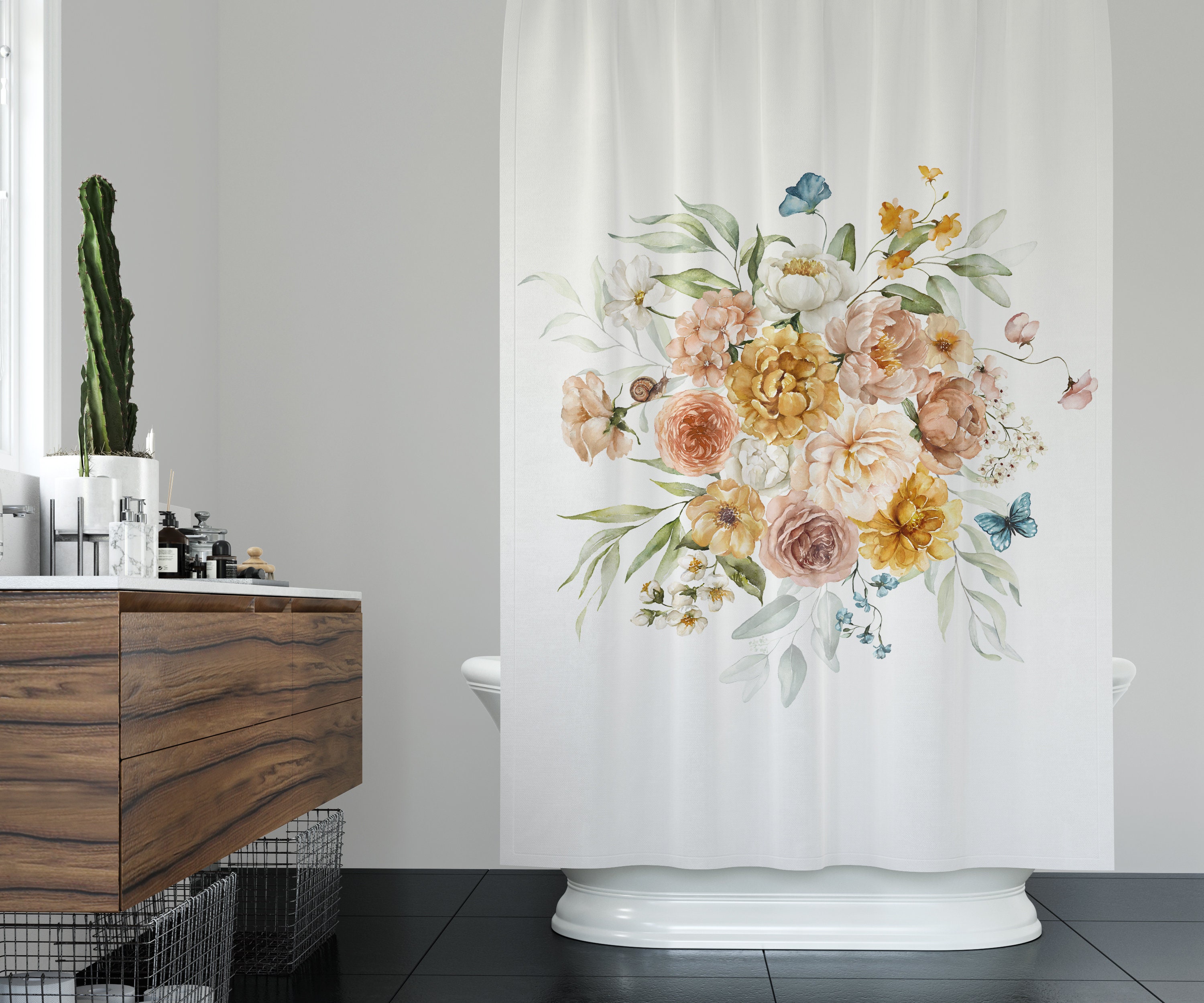 Floral Bouquet Shower Curtain, Boho Chic Flower Bath Decor, Bathroom Curtain