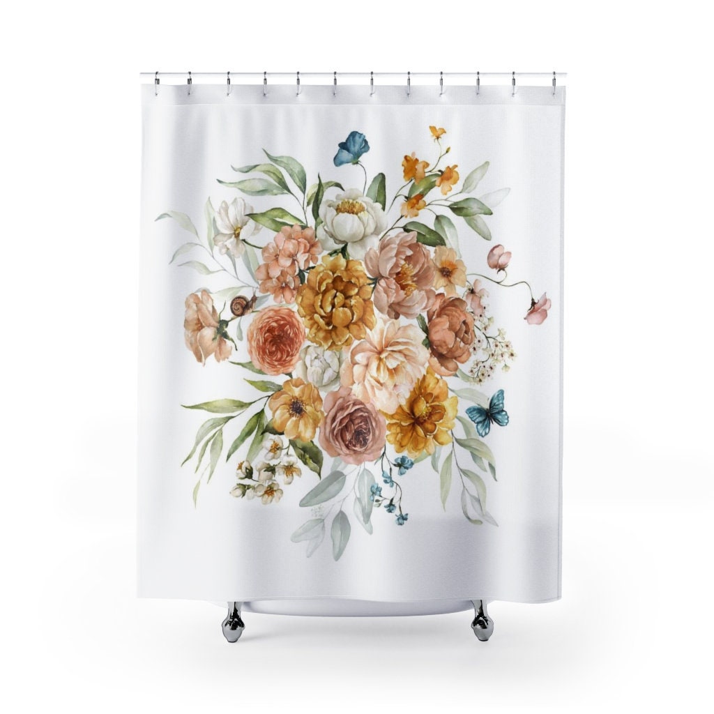 Floral Bouquet Shower Curtain, Boho Chic Flower Bath Decor, Bathroom Curtain