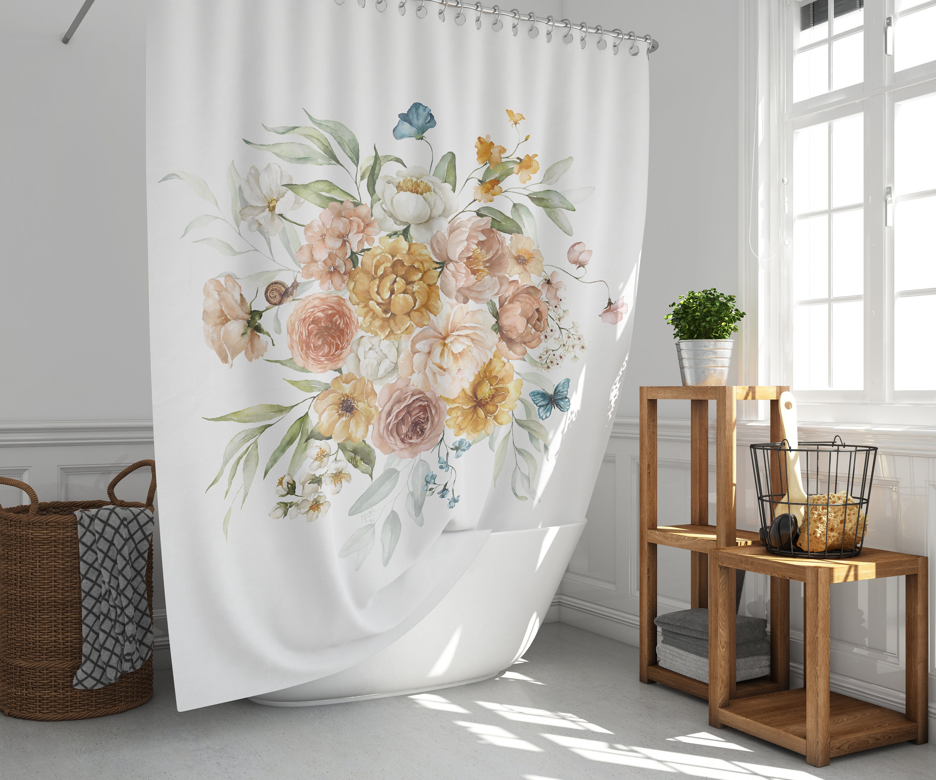 Floral Bouquet Shower Curtain, Boho Chic Flower Bath Decor, Bathroom Curtain