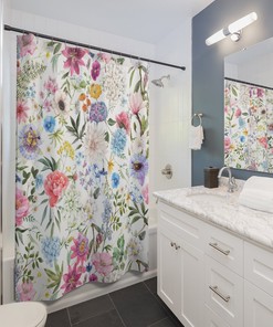 Floral Garden Shower Curtain with Boho Flower Pattern - Botanical Bathroom Decor