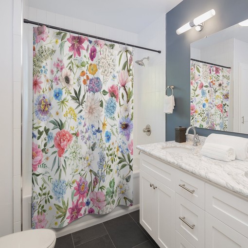 Floral Garden Shower Curtain with Boho Flower Pattern - Botanical Bathroom Decor