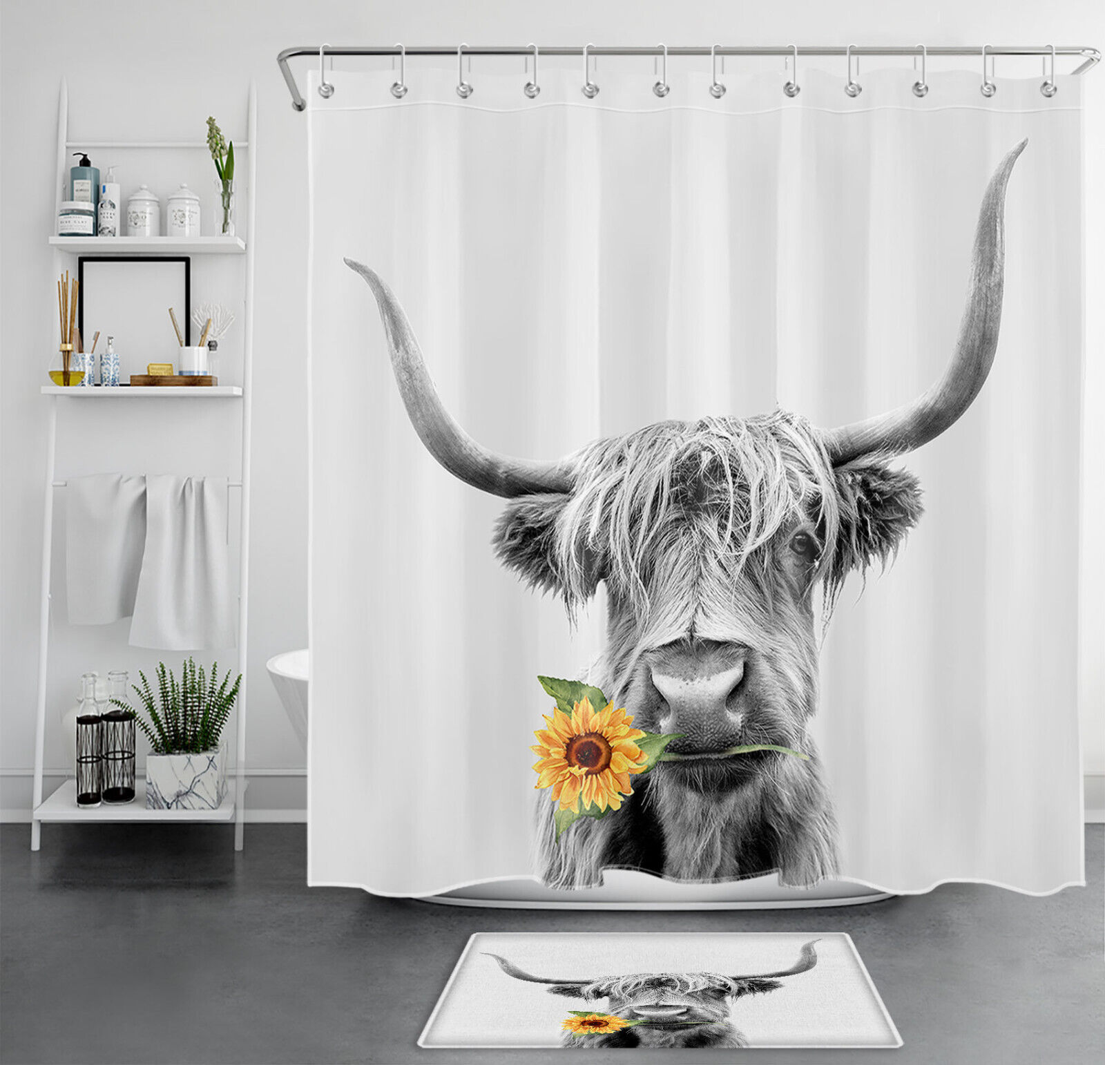 Floral Sunflower Funny Highland Cow Shower Curtain for Unique and Waterproof Bathroom Decorations