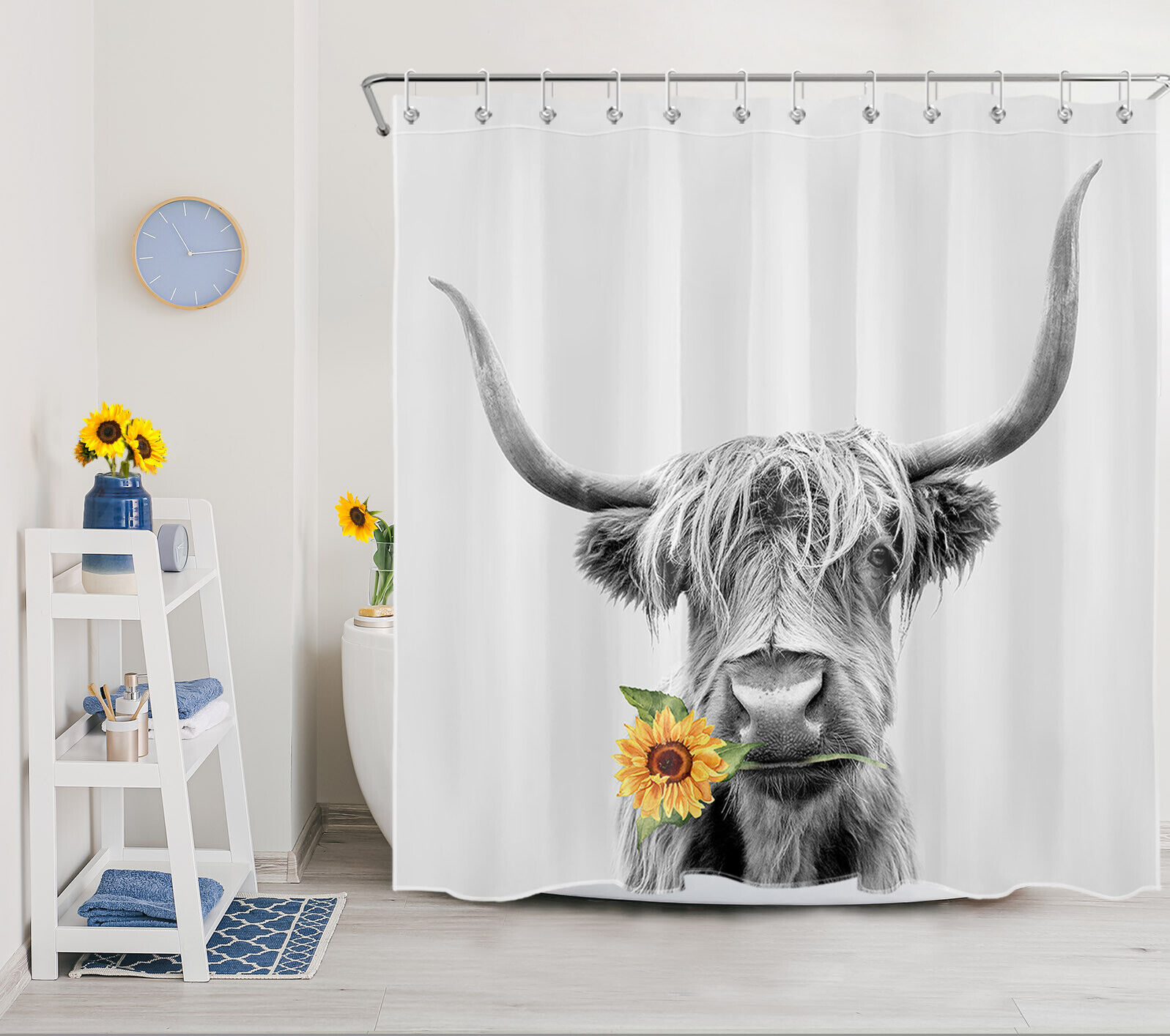 Floral Sunflower Funny Highland Cow Shower Curtain for Unique and Waterproof Bathroom Decorations