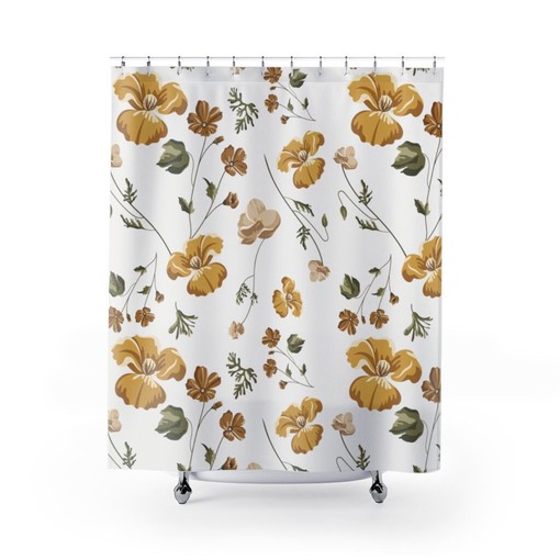 Floral Yellow Shower Curtain - Vintage Bathroom Decor - Boho Style - Housewarming Gift