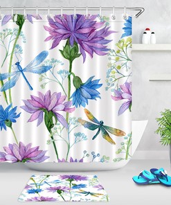 Flower Blossom and Dragonfly Watercolor Shower Curtain - Bathroom Waterproof Fabric