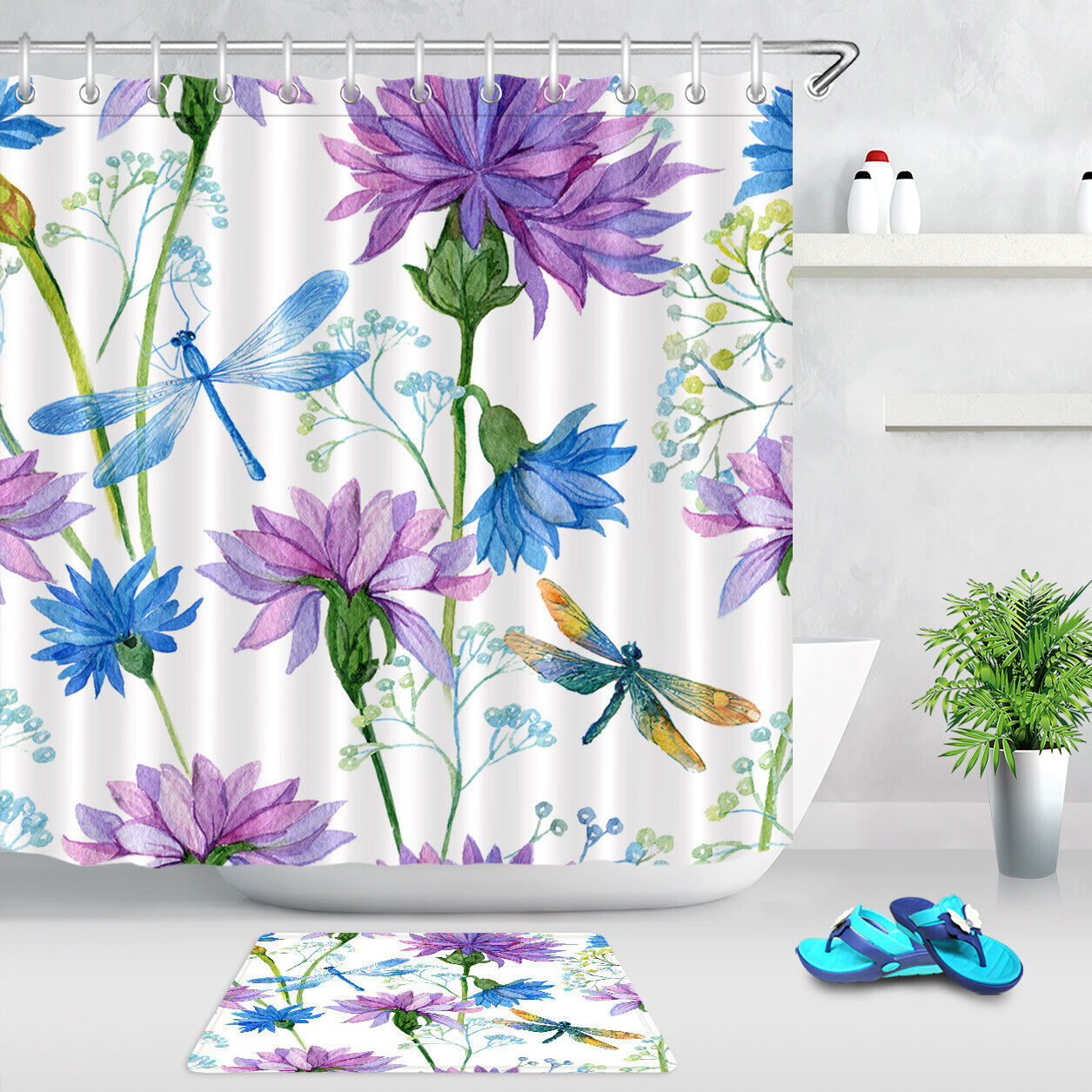 Flower Blossom and Dragonfly Watercolor Shower Curtain - Bathroom Waterproof Fabric