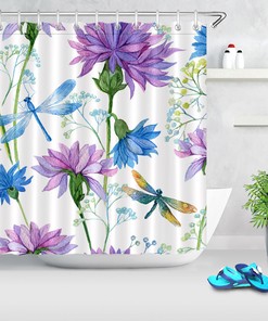 Flower Blossom and Dragonfly Watercolor Shower Curtain - Bathroom Waterproof Fabric