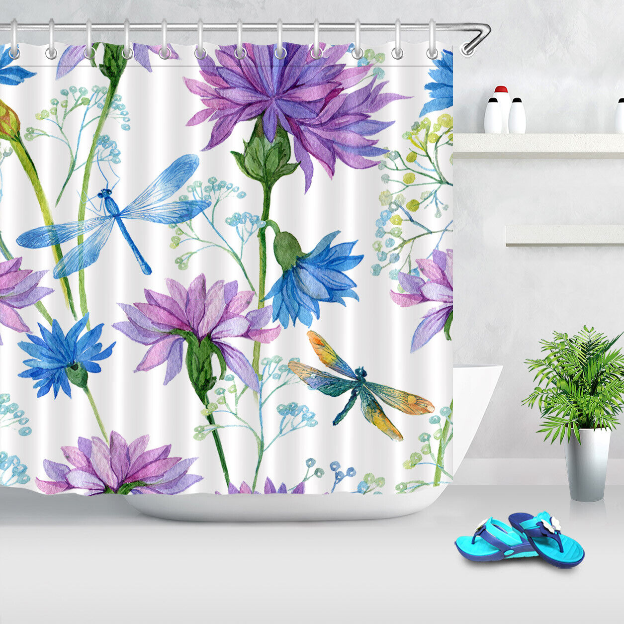 Flower Blossom and Dragonfly Watercolor Shower Curtain - Bathroom Waterproof Fabric