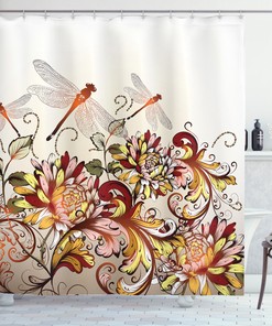 Flower Field Dragonfly Print Shower Curtain for Spring Bathroom Decor