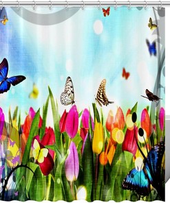 Flower Garden and Butterfly Shower Curtain for Colorful Bathroom Decor 