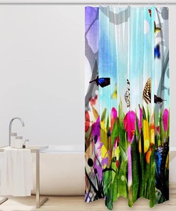 Flower Garden and Butterfly Shower Curtain for Colorful Bathroom Decor