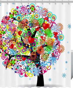 Flower and Snowflake Tree Shower Curtain with Colorful Leaves for Botanical Bathroom Decor 