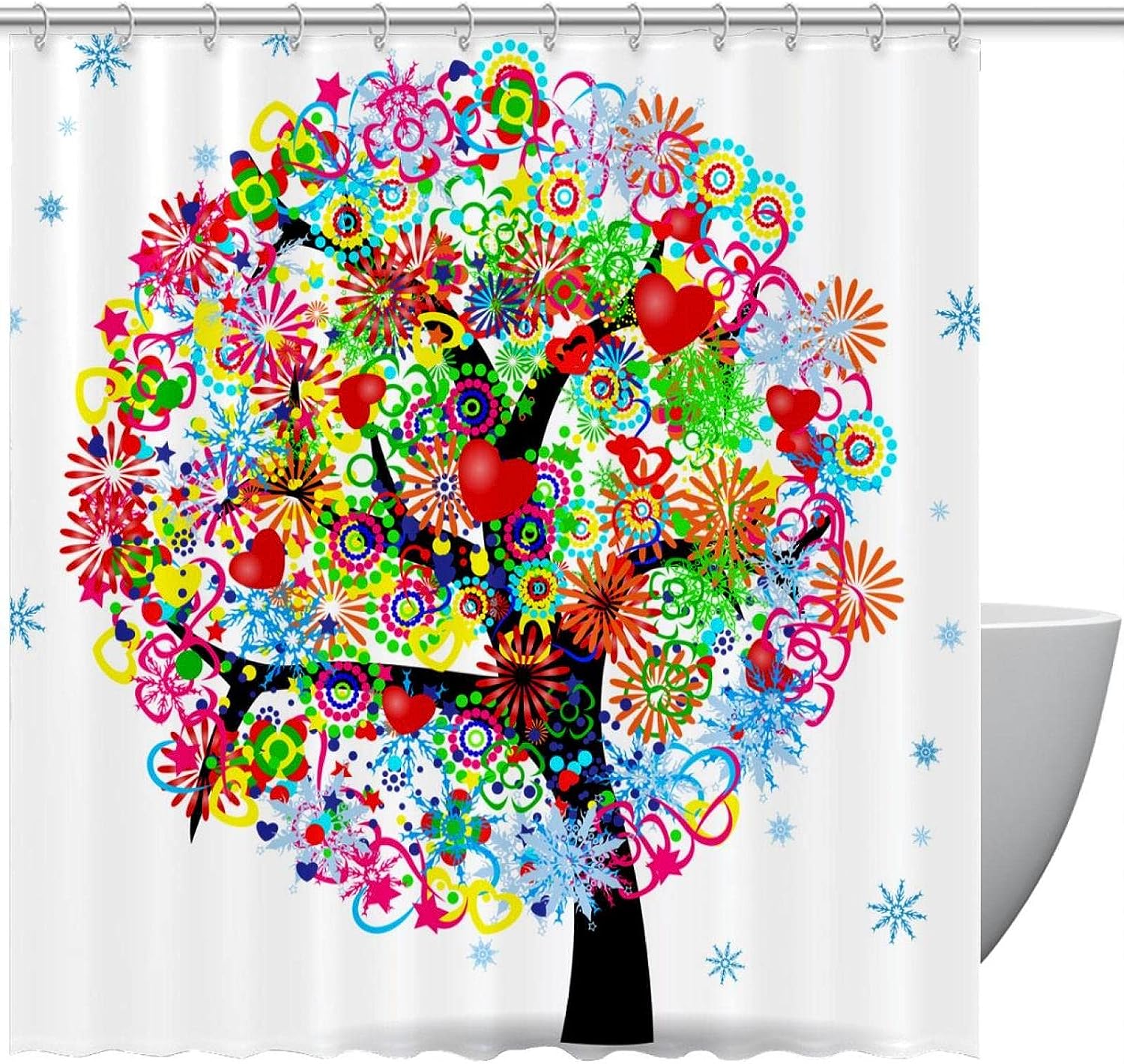 Flower and Snowflake Tree Shower Curtain with Colorful Leaves for Botanical Bathroom Decor