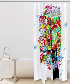 Flower and Snowflake Tree Shower Curtain with Colorful Leaves for Botanical Bathroom Decor