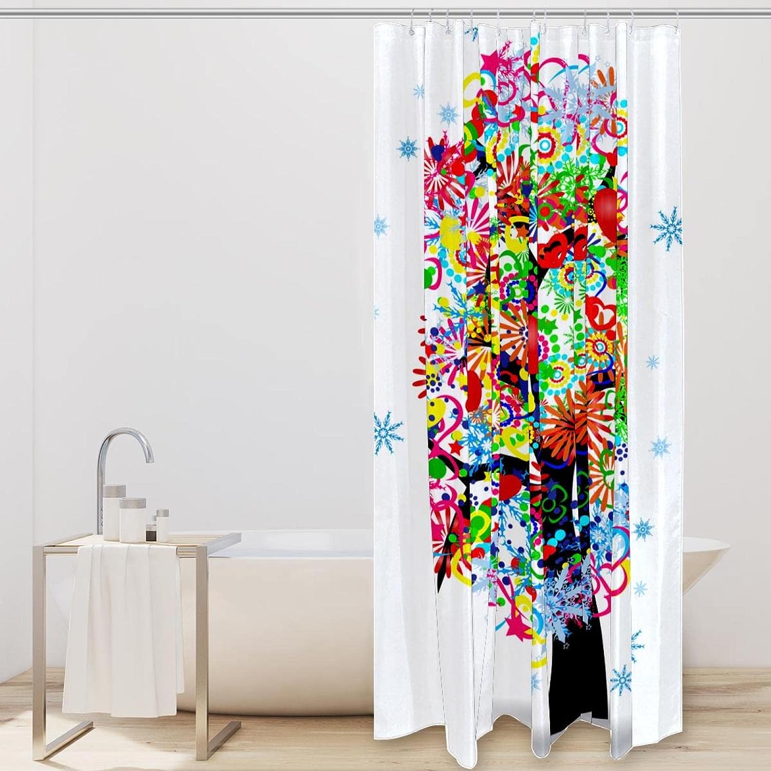 Flower and Snowflake Tree Shower Curtain with Colorful Leaves for Botanical Bathroom Decor