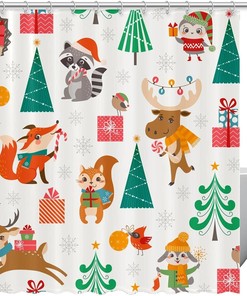 Forest Christmas Trees and Snowflakes Fabric Shower Curtain for Bathroom Decor