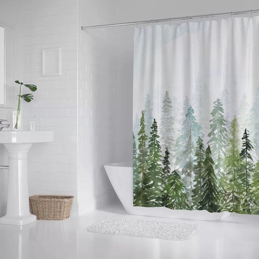 Forest Water Color Shower Curtain - Beautiful Nature Themed Fabric for Shower Stall & Bathtubs