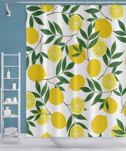 Fresh Lemon Shower Curtain, Citrus Bathroom Decor with Green Leaves 