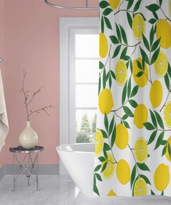Fresh Lemon Shower Curtain, Citrus Bathroom Decor with Green Leaves
