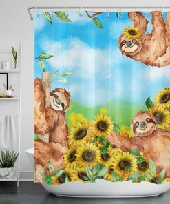 Funny Animals Sloth and Sunflower Watercolor Shower Curtain, Cute Bathroom Accessory and Housewarming Gift
