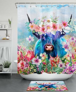 Funny Blue Highland Cow Watercolor Flower Shower Curtain - Bathroom Accessories