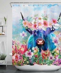 Funny Blue Highland Cow Watercolor Flower Shower Curtain - Bathroom Accessories