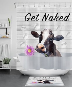 Funny Cow Flower Shower Curtain - Rustic Wooden Board for Bathroom Decor 