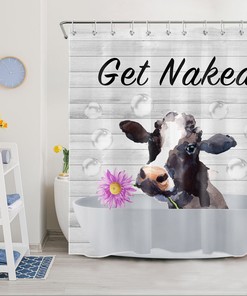 Funny Cow Flower Shower Curtain - Rustic Wooden Board for Bathroom Decor