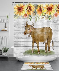 Funny Cow Shower Curtain - Rustic Wooden Board with Sunflower Design, Bathroom Decor