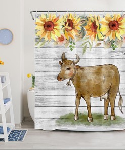 Funny Cow Shower Curtain - Rustic Wooden Board with Sunflower Design, Bathroom Decor