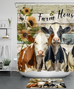 Funny Cow Sunflower Shower Curtain for Farmhouse Bathroom Decor