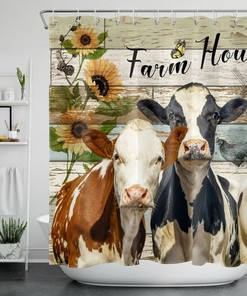 Funny Cow Sunflower Shower Curtain for Farmhouse Bathroom Decor
