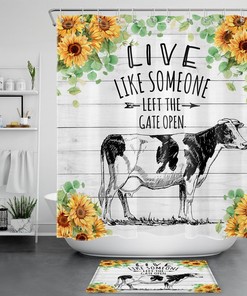 Funny Cow Sunflower Shower Curtain with Rustic Board Farmhouse Style for Bathroom Decor