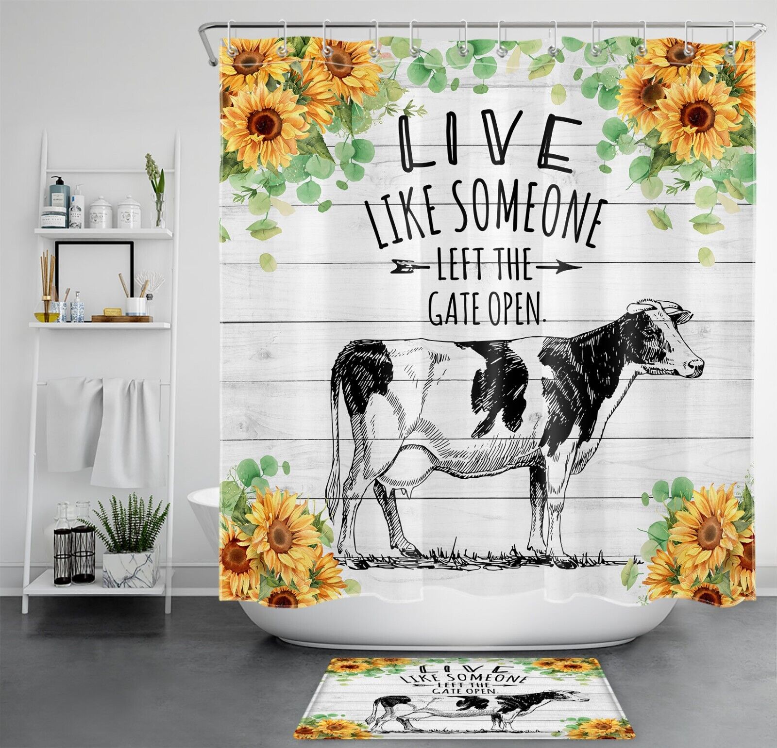 Funny Cow Sunflower Shower Curtain with Rustic Board Farmhouse Style for Bathroom Decor