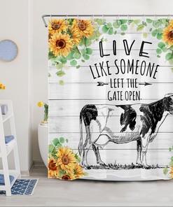 Funny Cow Sunflower Shower Curtain with Rustic Board Farmhouse Style for Bathroom Decor