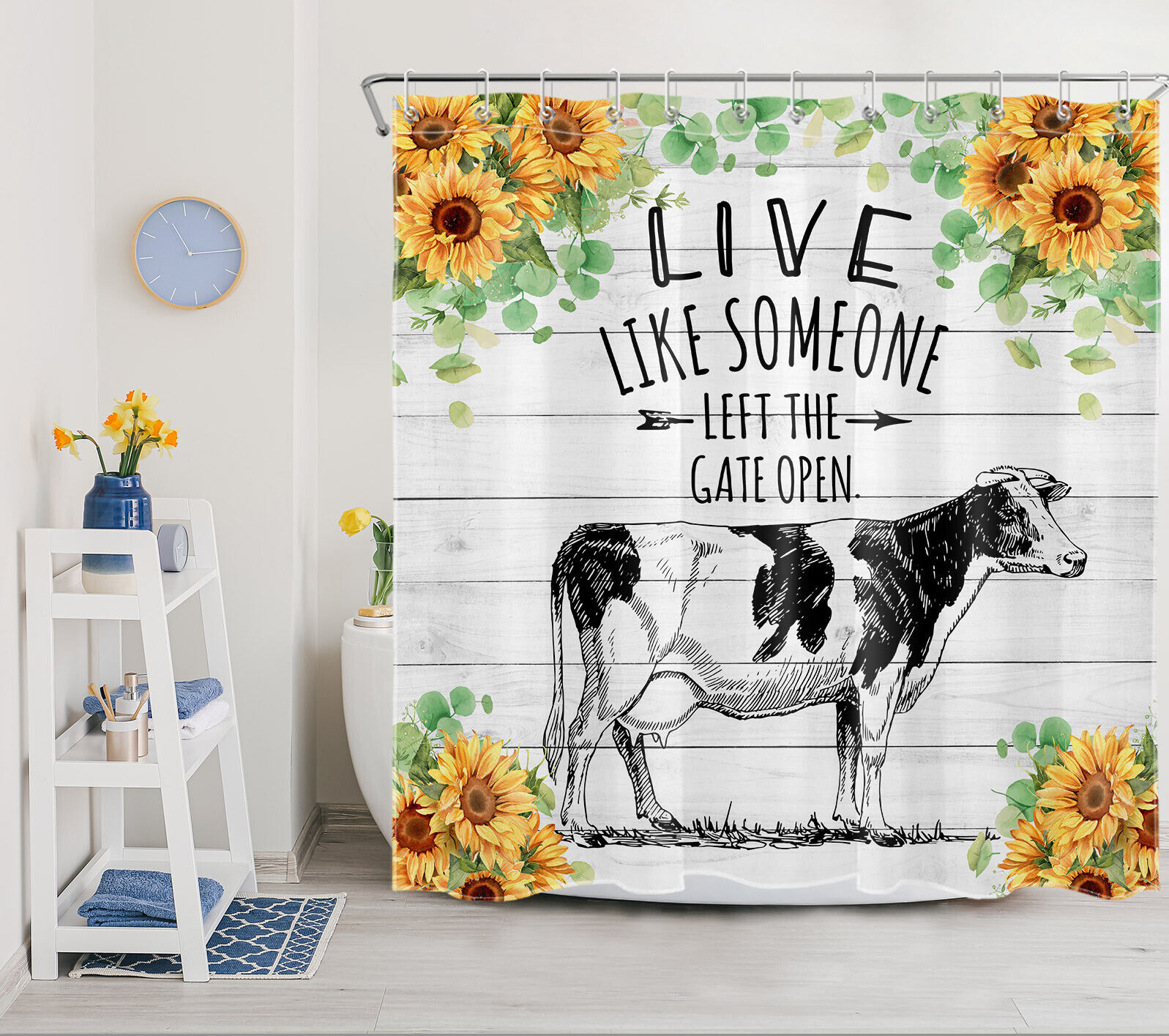 Funny Cow Sunflower Shower Curtain with Rustic Board Farmhouse Style for Bathroom Decor