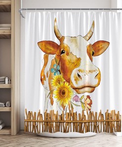 Funny Cow Watercolor Sunflower Flower Rustic Farmhouse Fabric Shower Curtain - Cute Animal Bathroom Decor