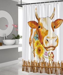 Funny Cow Watercolor Sunflower Flower Rustic Farmhouse Fabric Shower Curtain - Cute Animal Bathroom Decor