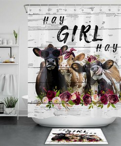 Funny Cows Spring Flowers Planks Shower Curtain for Rustic Farmhouse Bathroom Decor 
