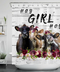 Funny Cows Spring Flowers Planks Shower Curtain for Rustic Farmhouse Bathroom Decor