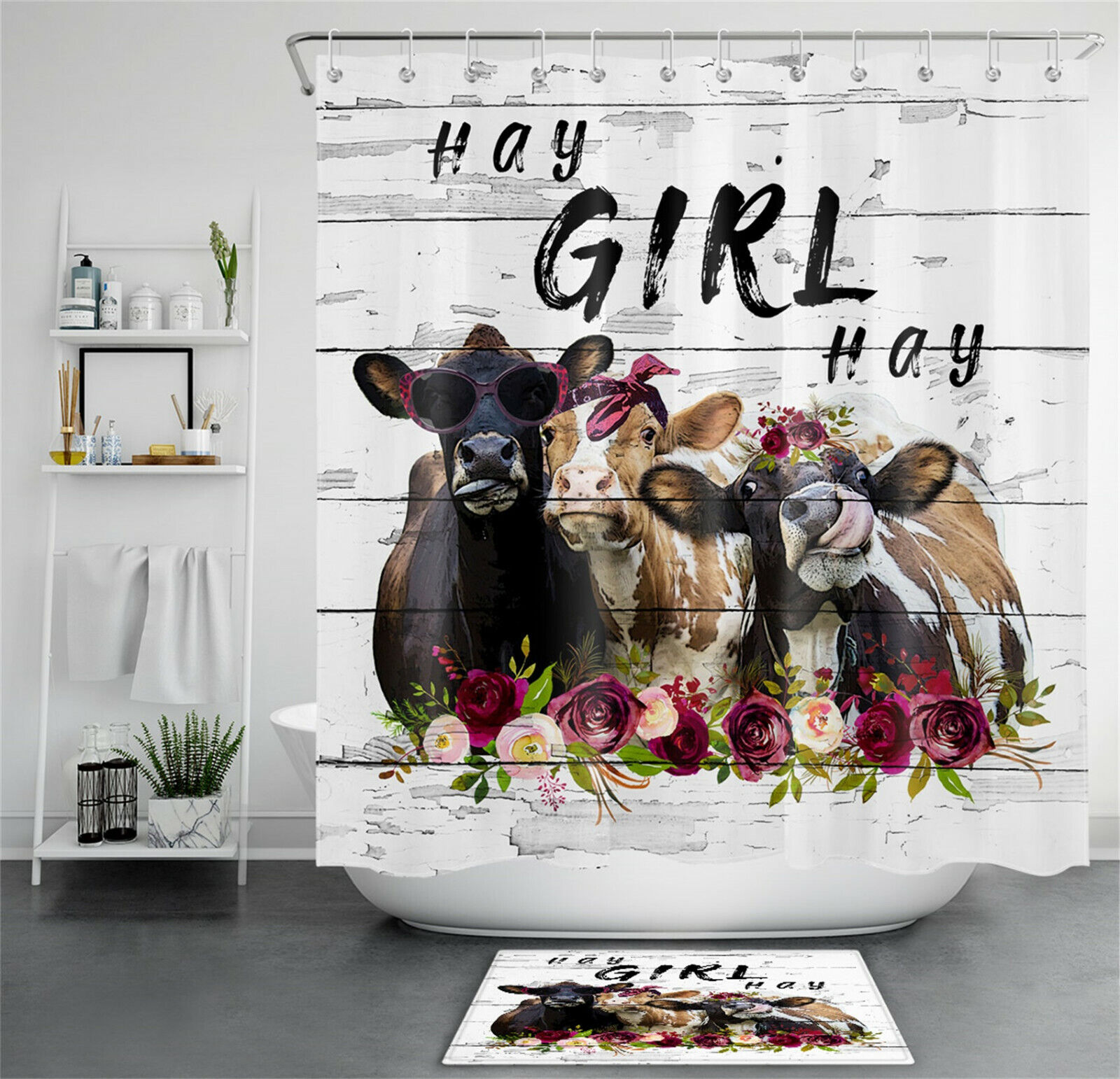 Funny Cows and Spring Flowers Shower Curtain - Rustic Planks Bathroom Decor