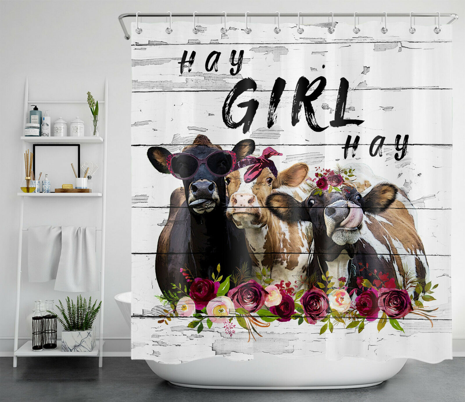 Funny Cows and Spring Flowers Shower Curtain - Rustic Planks Bathroom Decor
