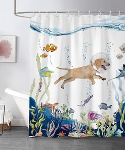 Funny Dog Shower Curtain with Ocean Fish Print - Beagle Animal Fun Kids Theme Fabric for Coastal Bathroom Decor
